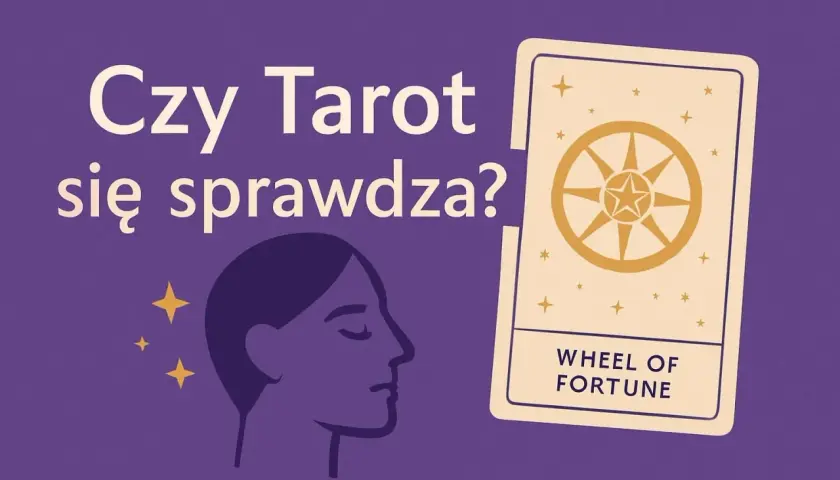 Czy tarot się sprawdza? Profil kobiety wpatrzony w kartę Koło Fortuny, otoczony gwiazdkami.