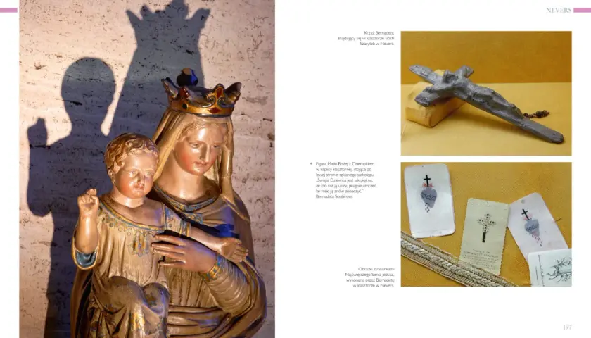 Figura Matki Bożej z Dzieciątkiem w Nevers, ważny ośrodek kultu maryjnego we Francji. Obok krzyż i obrazki wykonane przez św. Bernadetę.
