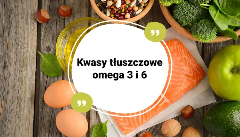 Zdrowa żywność bogata w kwasy tłuszczowe omega-3 i omega-6: łosoś, jajka, orzechy, awokado, jabłko, brokuły, szpinak, fasola i olej.