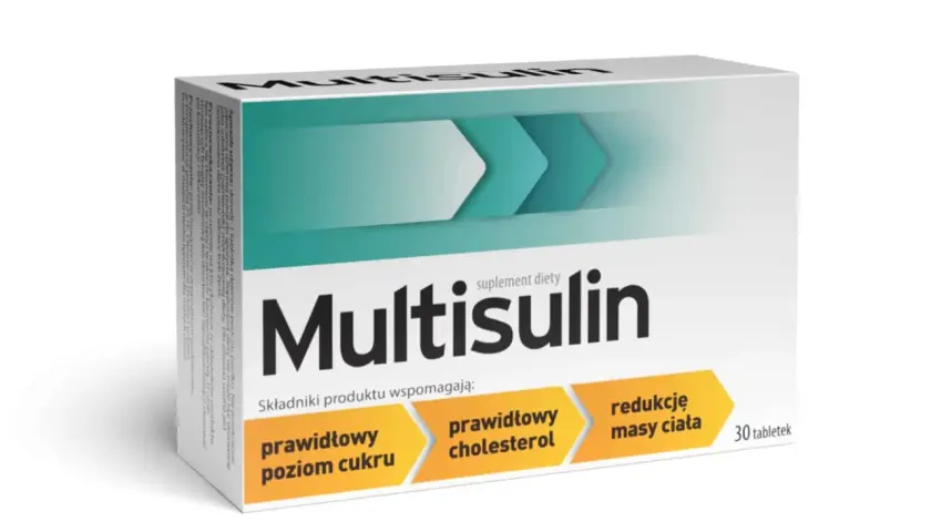 Opakowanie suplementu diety Multisulin. Wspomaga prawidłowy poziom cukru, cholesterol i redukcję masy ciała. Sprawdź Multisulin cena.