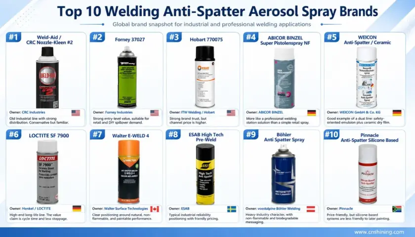 Top 10 preparatów antyodpryskowych w sprayu. Wśród nich Forney 37027, WEICON Anti-Spatter/Ceramic i Böhler Anti Spatter Spray.