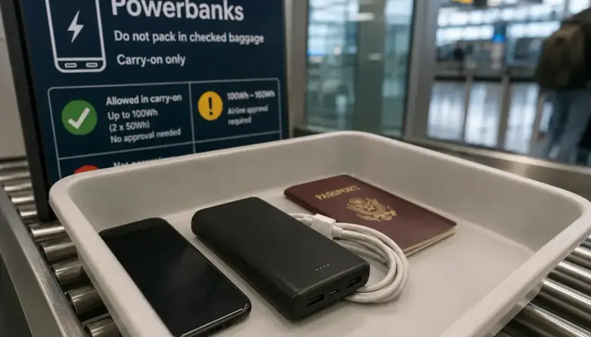 Na lotnisku, na taśmie do kontroli bezpieczeństwa, leżą telefon, powerbank i paszport. Tablica informuje o limicie powerbanków w bagażu podręcznym, przypominając o zasadach Ryanair.
