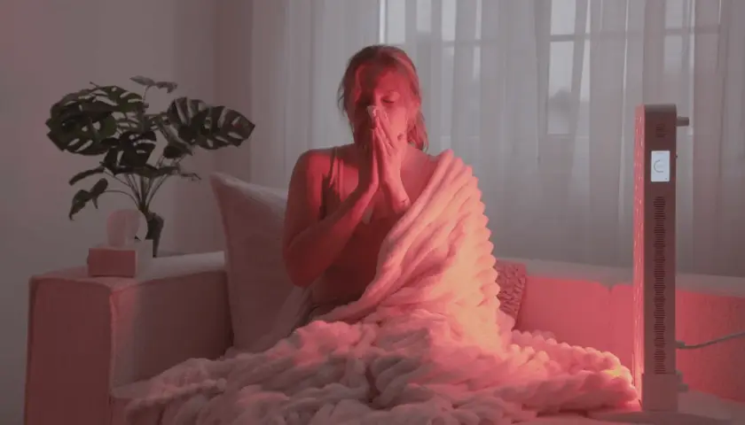 Frau mit Decke und Taschentuch, die sich im Rotlicht entspannt, weil Rotlicht bei Husten hilft.