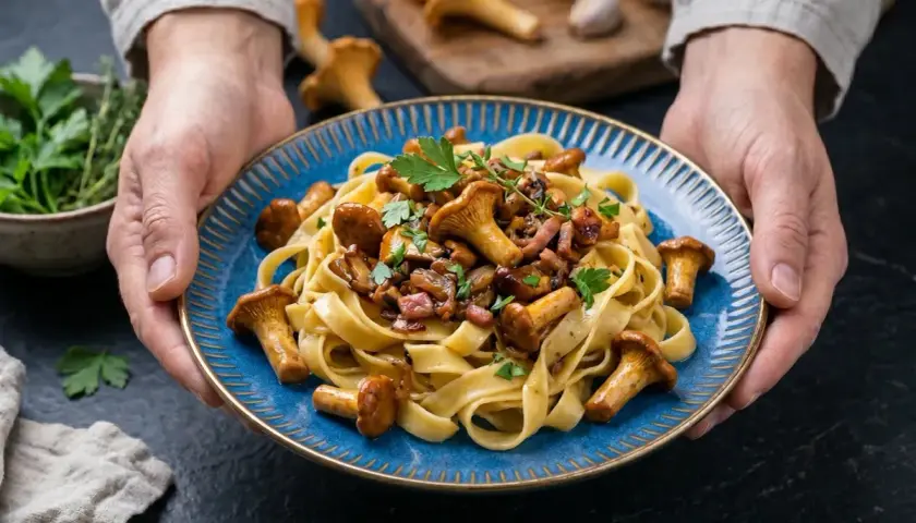 Talerz makaronu tagliatelle z kurkami i boczkiem, ozdobiony natką pietruszki.