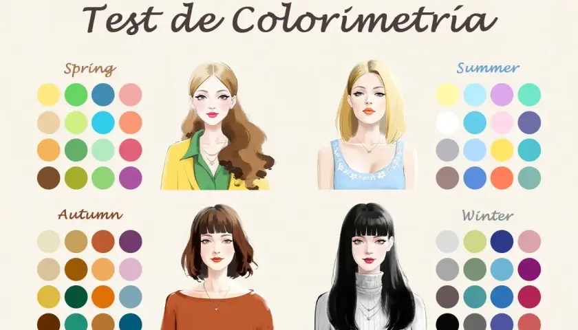 Test de colorimetría: cuatro mujeres con paletas de colores asociadas a primavera, verano, otoño e invierno.