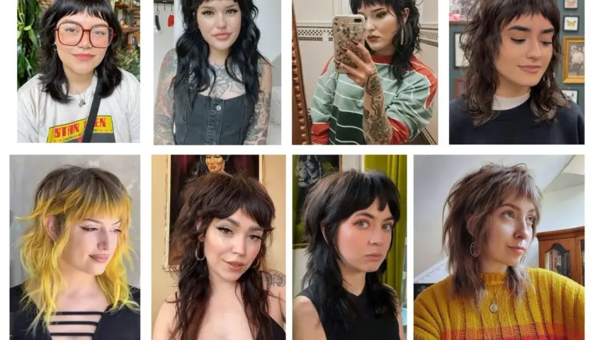 Kollage med åtta tjejer som visar upp olika varianter av den populära mullet frisyr.