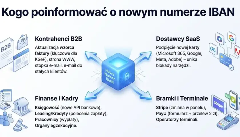 Grafika przedstawia nowy numer IBAN i jego zastosowanie w kontaktach z kontrahentami B2B, dostawcami SaaS, działami finansów i kadr, a także bramkami płatniczymi.