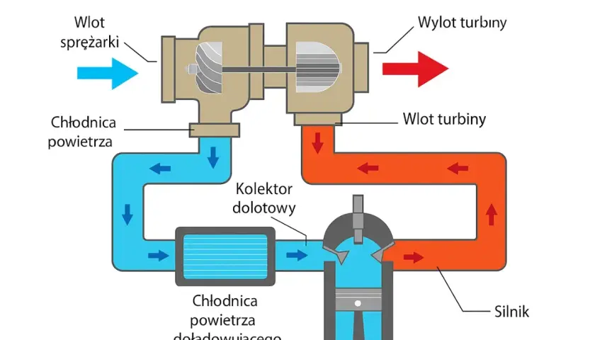 Schemat turbodoładowania silnika. Pokazuje przepływ powietrza przez sprężarkę, chłodnicę i turbinę, ilustrując różne rodzaje turbin i ich działanie.