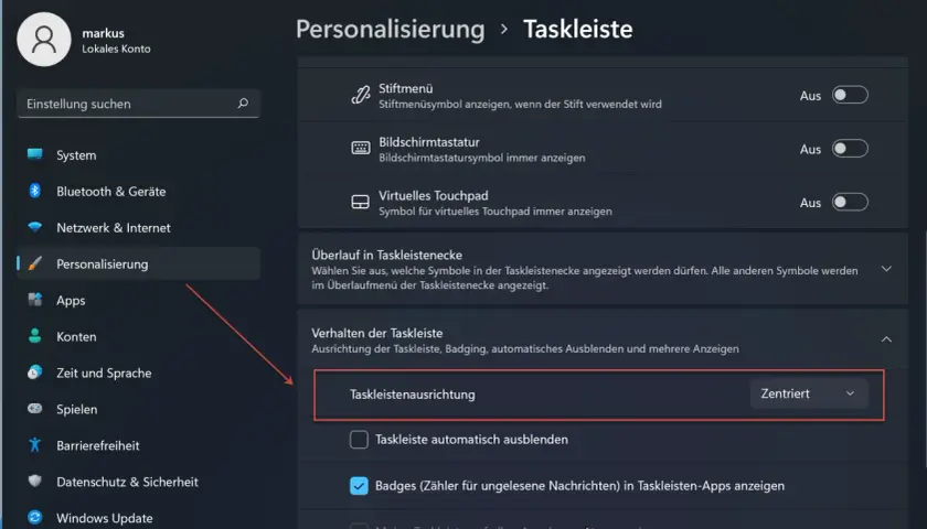 Windows 11: Taskleistenausrichtung auf "Zentriert" einstellen, um Dateien an Taskleiste anzuheften.