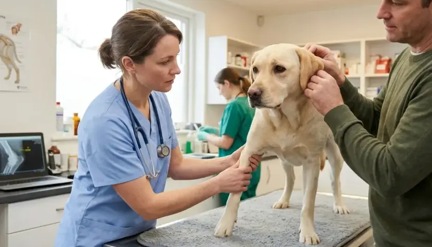Tierarzt untersucht einen gelben Labrador. Ein Mann hält den Hund, während die Tierärztin sein Bein abtastet.