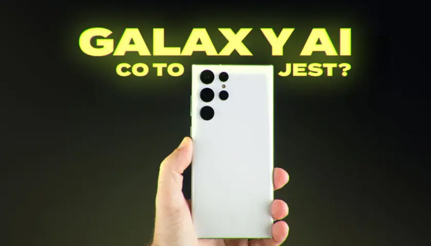 Biały telefon Galaxy z aparatem, nad nim napis "GALAXY AI CO TO JEST?". Dowiedz się, jak włączyć AI w telefonie.