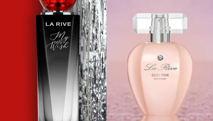 Dwa flakony perfum La Rive: "My only Wish" z czerwonym korkiem i "Silky Pink" w różowym odcieniu.