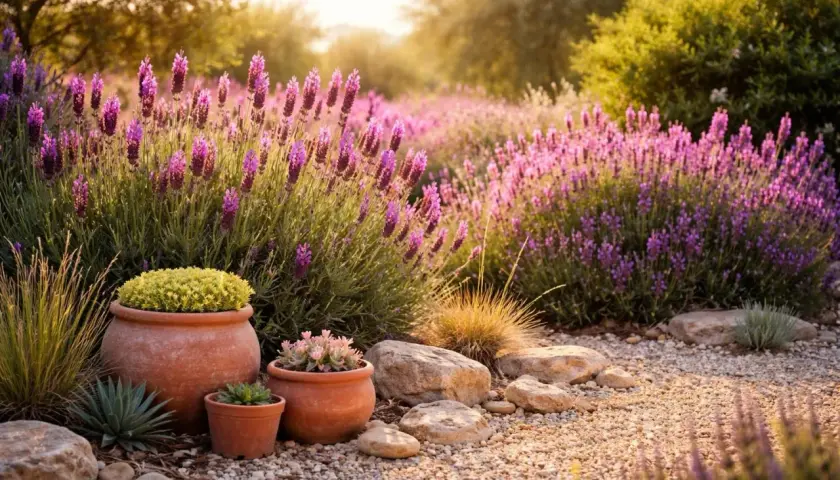 Ein sonniger Garten mit üppigem, **schopflavendel winterhart** in voller Blüte. Terrakotta-Töpfe mit grünen Pflanzen stehen im Vordergrund.