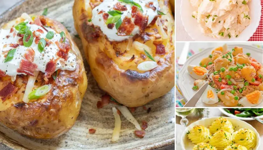 Variedad de recetas con patatas: patatas asadas rellenas, ensalada de patatas y huevos, y puré de patatas en forma de rosetas.