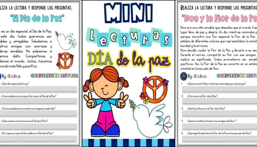 Fichas imprimibles para el Día de la Paz con lecturas y preguntas. Incluyen un texto sobre la importancia de la paz y otro sobre Noa y la Flor de la Paz.