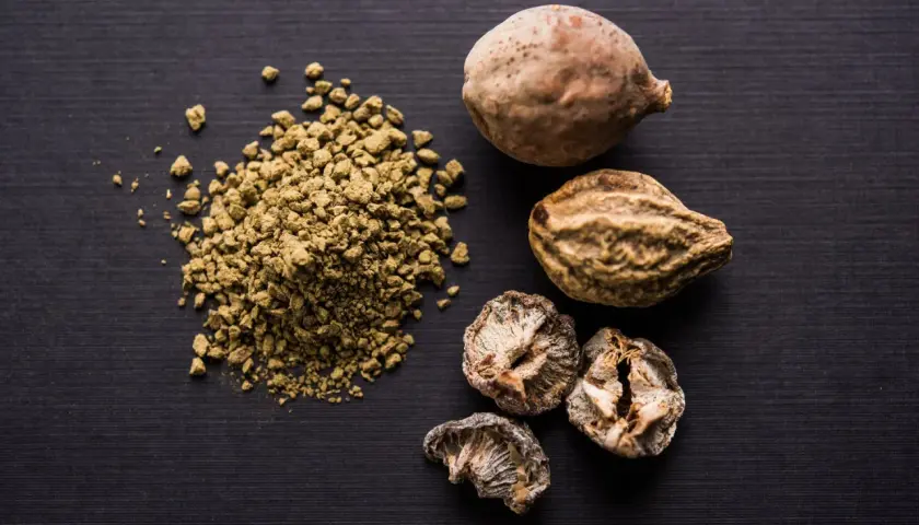 Getrocknete Früchte und Pulver von Triphala. Mögliche triphala nebenwirkungen sind selten, aber bei Einnahme zu beachten.