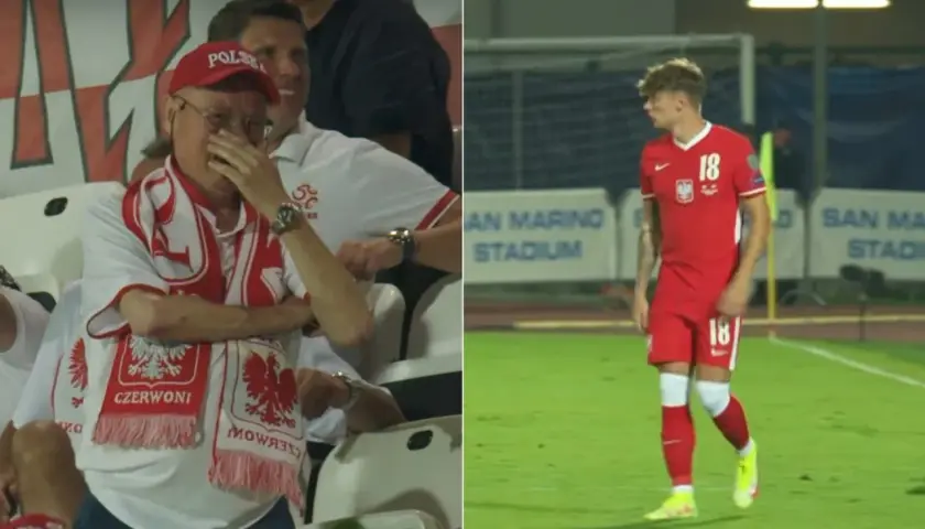 Wzruszony kibic w czapce "POLSKA" i szaliku z orłem, obok dumny nicola zalewski tata na boisku.