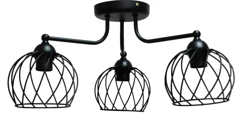 Czarna lampa sufitowa z drucianymi kloszami, idealna do nowoczesnych wnętrz. Dostępna w ofercie artykuły elektroinstalacyjne PHU Olsen.