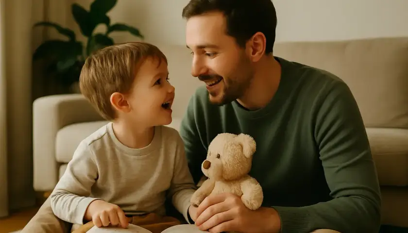 Padre e figlio leggono un libro, un modo per stimolare il linguaggio nei bambini. Il piccolo sorride, tenendo un orsacchiotto.