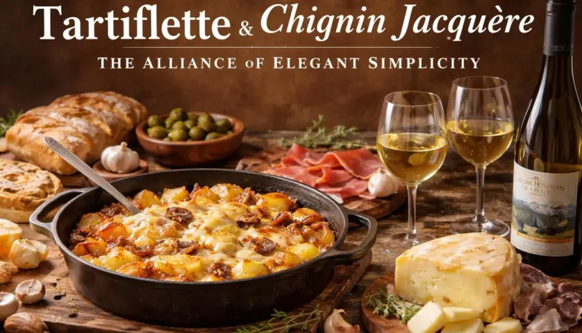 Tartiflette savoureuse, parfaite pour une recette gourmande. Accompagnée de charcuterie, fromage et vin blanc.