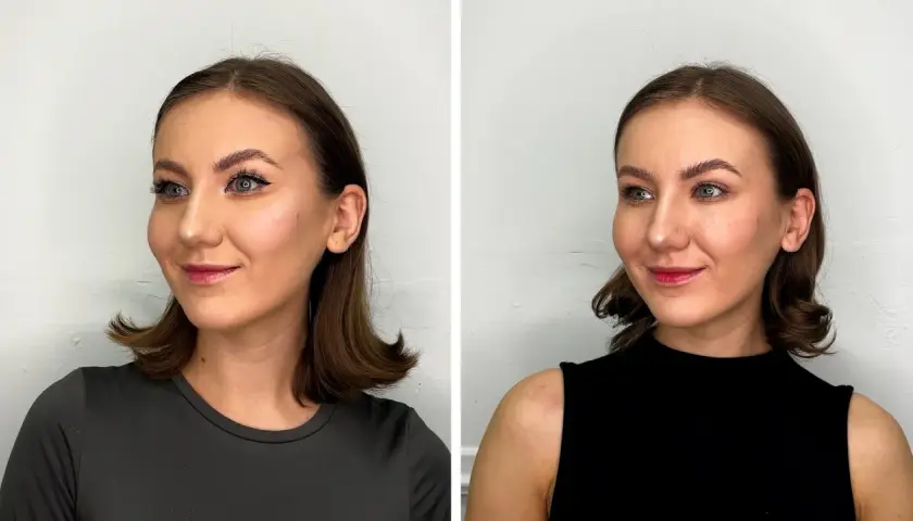 Två porträtt av en kvinna med douyin makeup. Hon har markerade ögonbryn, eyeliner och röda läppar.