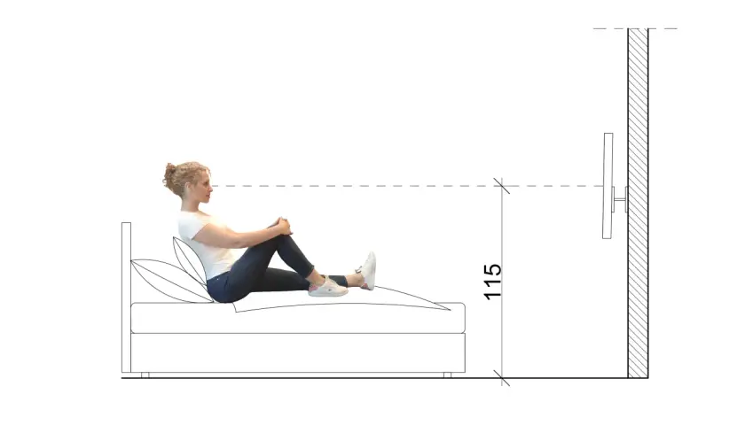 Schemat pokazuje, na jakiej wysokości powiesić TV, by wygodnie oglądać go z łóżka. Wymiar 115 cm sugeruje optymalną pozycję.