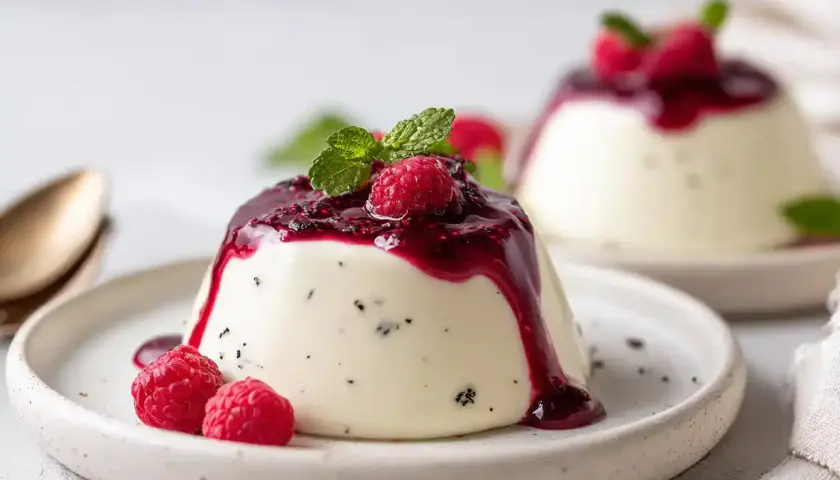 Krämig pannacotta utan gelatin, toppad med hallonsås och färska hallon. En perfekt dessert för alla tillfällen.