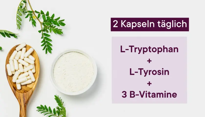 Kapseln mit L-Tryptophan und L-Tyrosin zusammen einnehmen, plus 3 B-Vitamine. Tägliche Dosis: 2 Kapseln.
