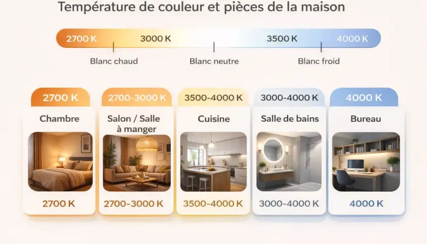 Guide des températures de couleur pour chaque pièce : chambre (2700K), salon (2700-3000K), cuisine (3500-4000K), salle de bain (3000-4000K), bureau (4000K).