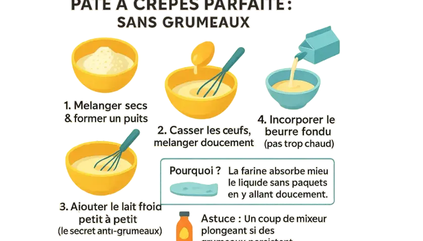 Préparation d'une pâte à crêpe classique sans grumeaux : mélange des ingrédients secs, ajout des œufs, puis du lait froid et du beurre fondu.