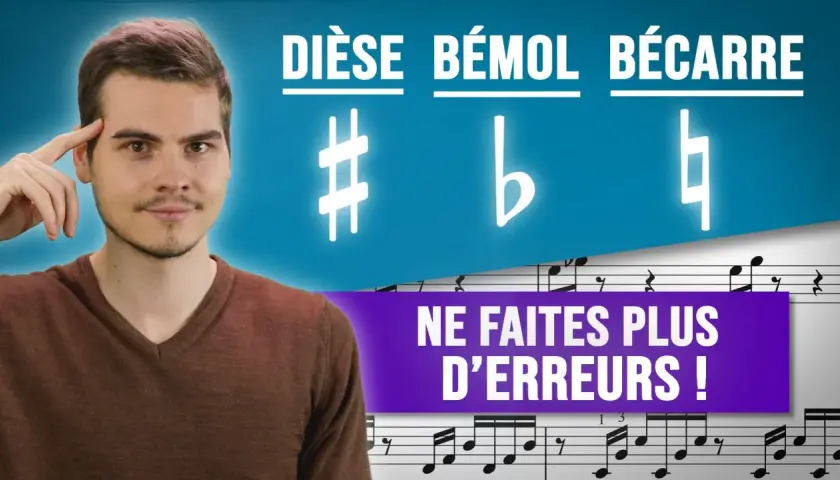 Un homme pense à la musique, avec les symboles dièse, bémol et bécarre. Il apprend à ne plus faire d'erreurs.