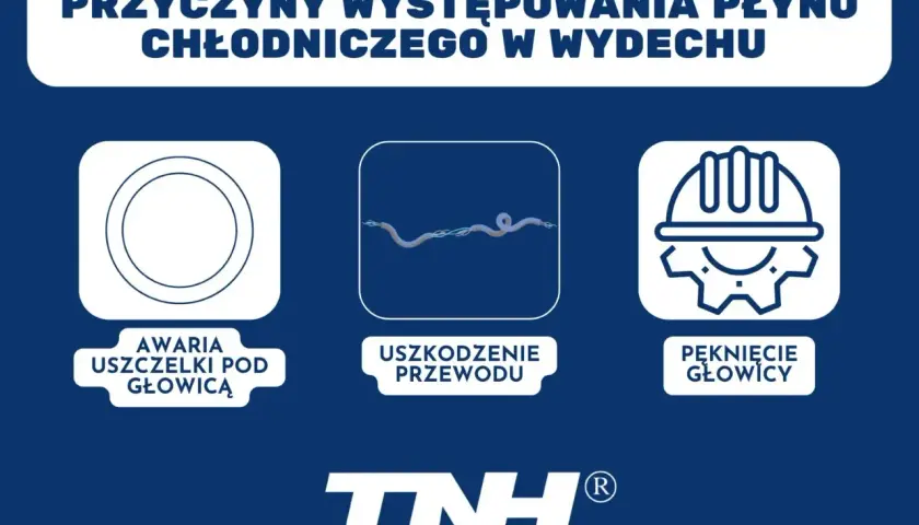 Ilustracja przedstawia trzy ikony: uszczelkę, uszkodzony przewód i pękniętą głowicę, symbolizujące przyczyny wycieku płynu chłodniczego.