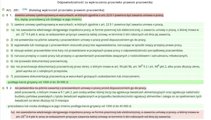 Praca bez umowy to wykroczenie. Dokument opisuje kary za niepotwierdzenie umowy o pracę na piśmie lub niezawiadomienie inspektora pracy.