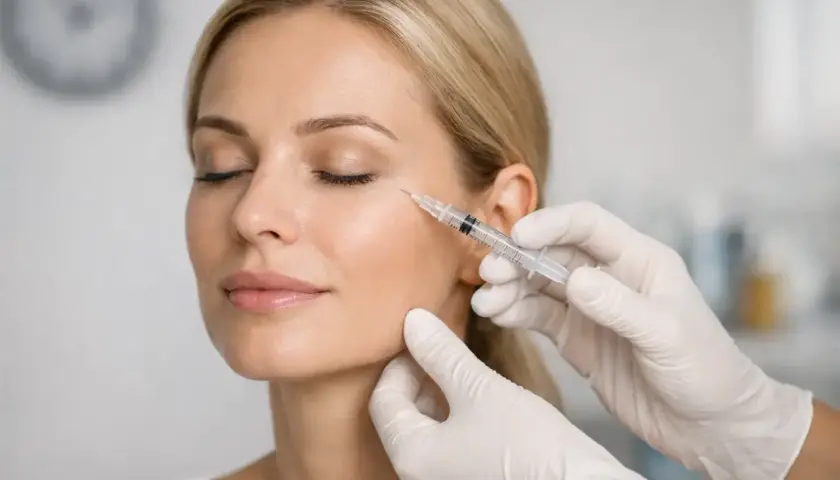 En kvinna får en injektion nära ögat. En diskussion om botox hur ofta kan vara relevant för att upprätthålla resultatet.