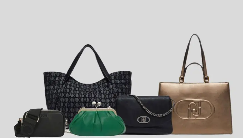 Cinque borse Liu Jo, tra cui una shopper con logo all-over, una verde a soffietto, una nera con catena, una piccola tracolla verde e una tote color oro, per una vittoria di stile.