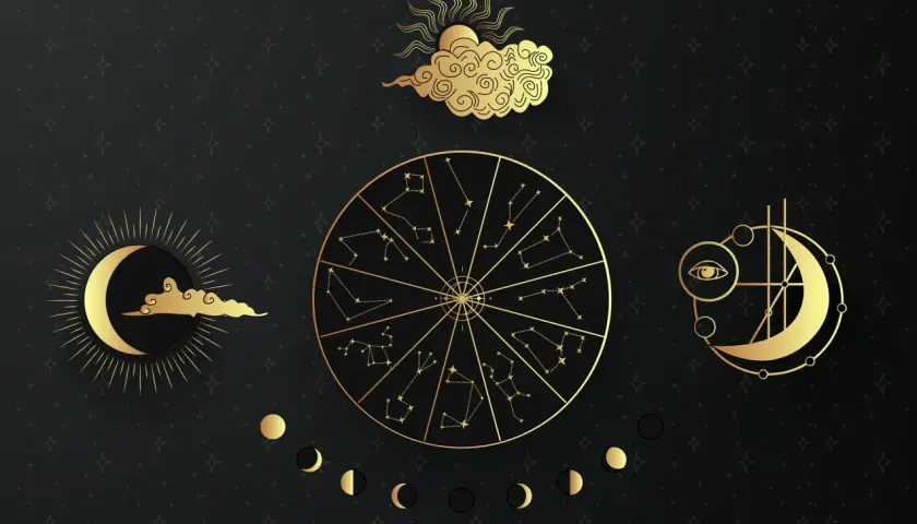 Złoty krąg zodiaku, księżyc i oko symbolizują 1001 znaczenie.