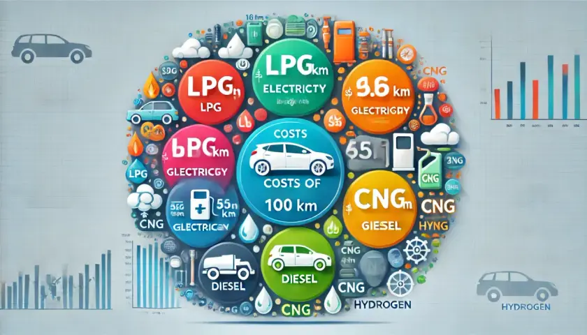 Porównanie kosztów eksploatacji samochodów: diesel, benzyna, LPG, CNG, elektryczne i wodorowe.