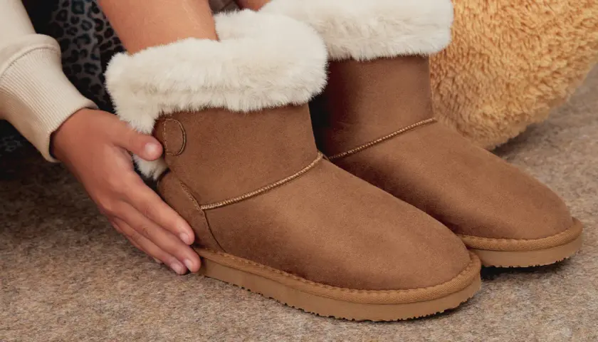 Manos cuidando unas botas de pelo marrones, perfectas para aprender como limpiar botas de pelo y mantenerlas como nuevas.