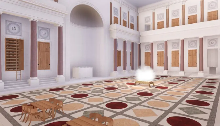 Reconstitution des thermes de Caracalla : une salle majestueuse avec sol décoré, colonnes imposantes, étagères et un autel fumant.