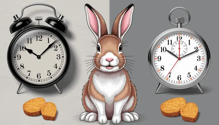 Un lapin mignon est assis entre deux réveils. Il est temps de préparer une recette de lapin !