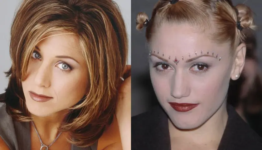 Dwie kobiety z fryzurami z lat 90.: Jennifer Aniston z cieniowanymi włosami i Gwen Stefani z kucykami i ozdobami na czole.