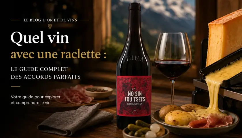 Quel vin avec raclette ? Un guide complet des accords parfaits. Bouteille de vin rouge Jura, fromage à raclette fondant, pommes de terre et charcuterie.