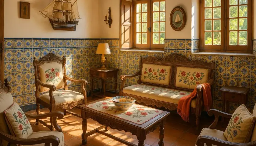 L'intérieur d'une maison portugaise baigné de soleil. Fauteuils et canapé ornés de fleurs, murs couverts de carreaux azulejos bleus et jaunes, maquette de bateau.