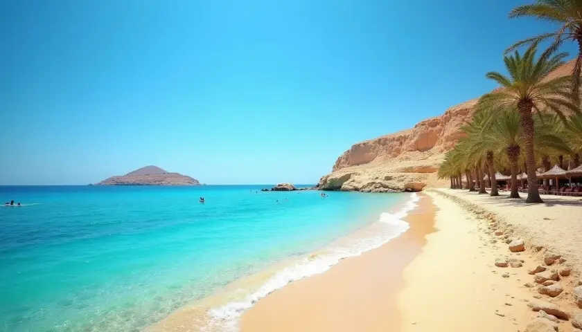Plaża w Egipcie z palmami, turkusową wodą i skalistym wybrzeżem.