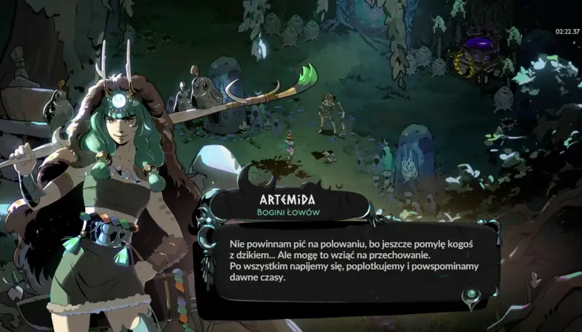 Artemida, bogini łowów, w Hades 2 na PS5, rozmawia z graczem w leśnej scenerii.