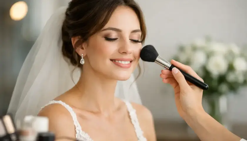 Novia sonriente recibe los últimos toques de maquillajes de novia. Un pincel aplica rubor en sus mejillas.