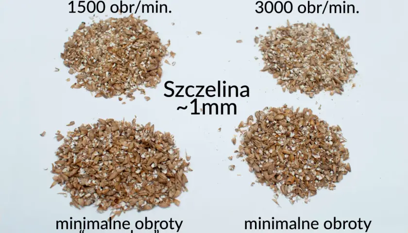 Porównanie śrutowania ziarna przy 1500 i 3000 obr/min, szczelina ~1mm. Analiza przyczyn niskiej wydajności zacierania i jak lepiej śrutować ziarno.