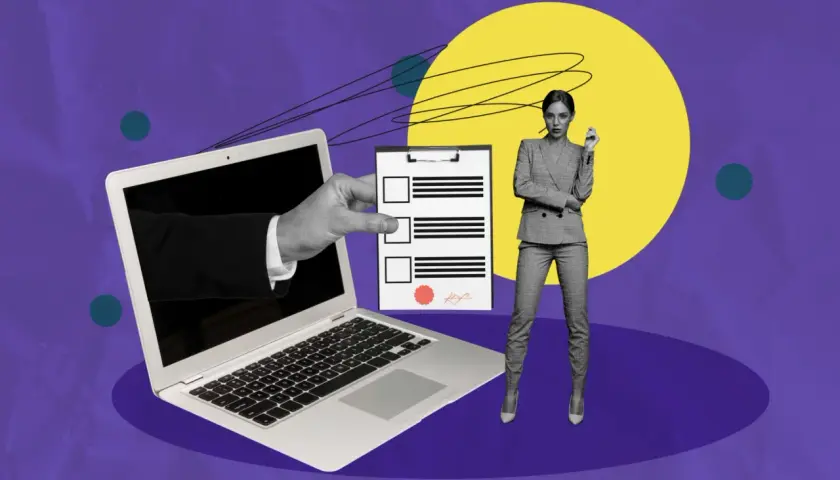 Ręka wychodząca z laptopa podaje dokument z polami do wypełnienia. Obok stoi kobieta w garniturze. Zastanawiasz się, w jakim programie napisać CV?