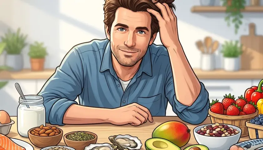 Hombre sonriente con una mesa llena de alimentos buenos para el pelo: salmón, aguacate, ostras, frutos secos y bayas.