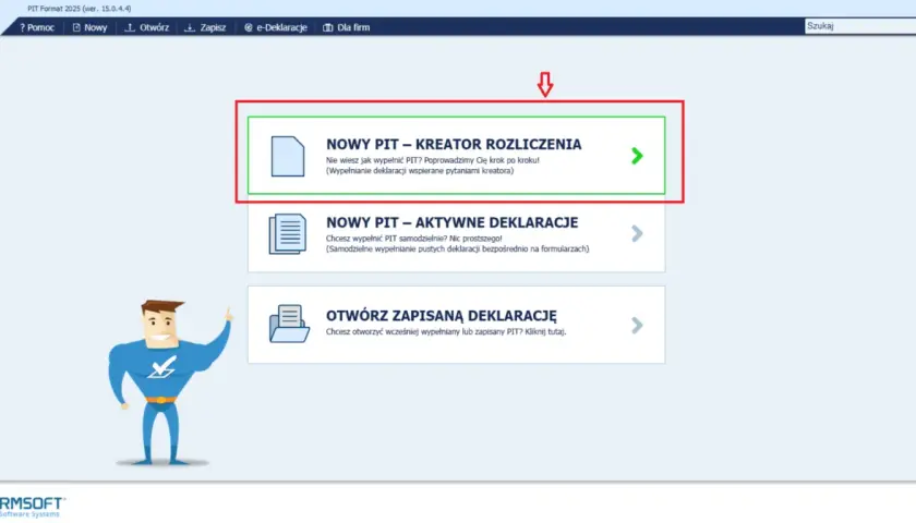 Chcesz wiedzieć, jak obliczyć podatek dochodowy? Wybierz "Nowy PIT - Kreator Rozliczenia" i pozwól programowi poprowadzić Cię krok po kroku.